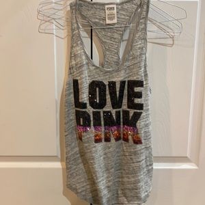 Pink tank with sequin lettering